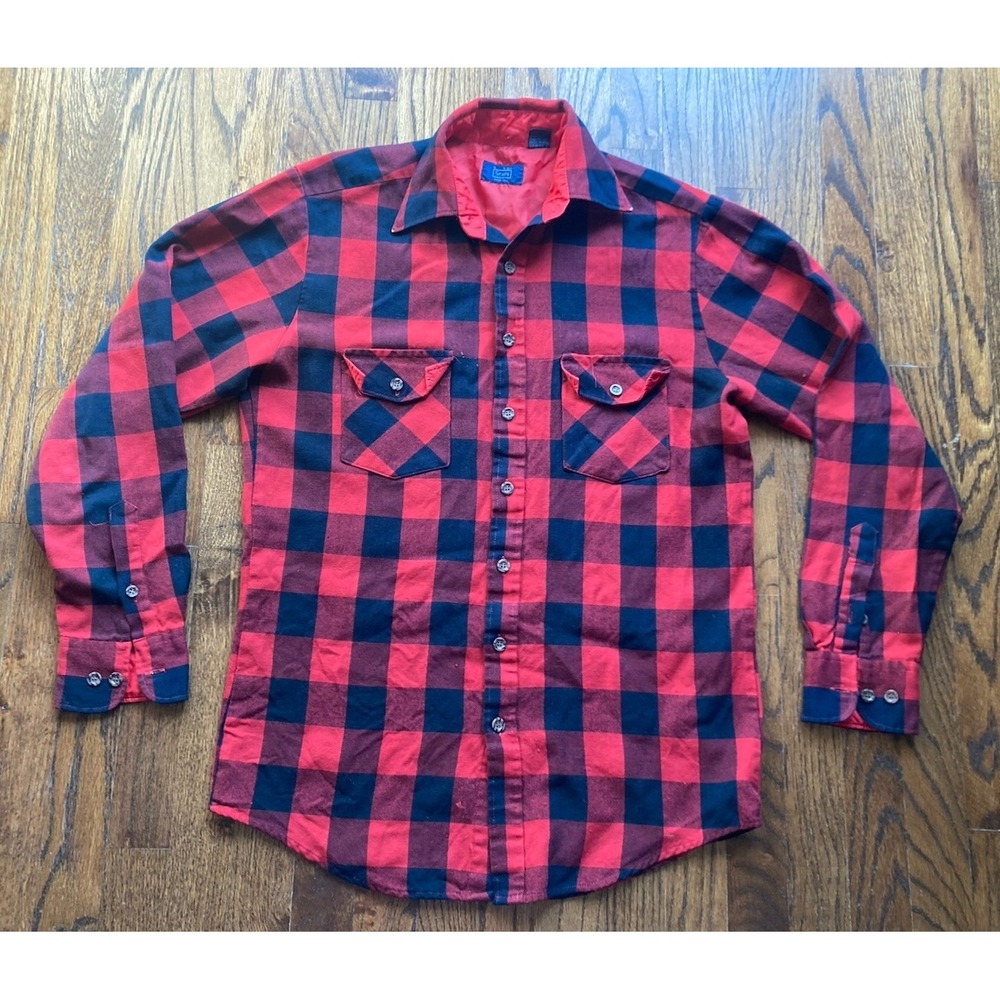 Vintage 80s Sears Flannel Shirt Mens 15 - 15 1/2 Extra Tall Buffalo Plaid Red